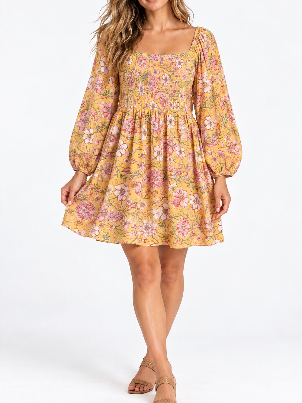 Billabong Floral Smocked Long Sleeve Mini Dress M